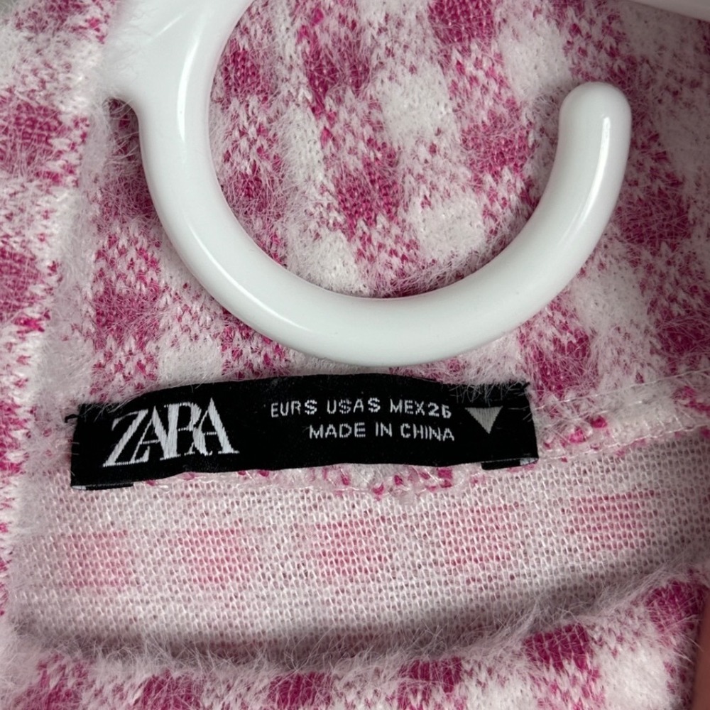 Zara Pink White Mock Neck Sweater Womens Size Small Checkered Plaid‎ Preppy Knit - Picture 4 of 16